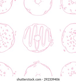 Hand drawn donuts outline seamless pattern. Doodle vector illustration of dessert. Sweet background for your design