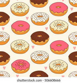 Hand drawn donuts, seamless pattern vector. Doodle collection of confection. Colorful background with sketch objects and food icons. Decorative backdrop or pack paper. Wallpaper, good for printing