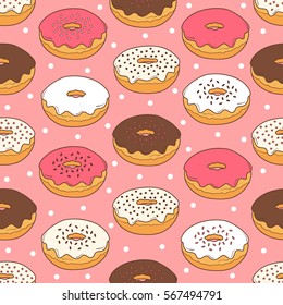 Hand drawn donuts, seamless pattern vector. Colorful background with collection of confection and food icons. Decorative backdrop or pack paper. Wallpaper, good for printing