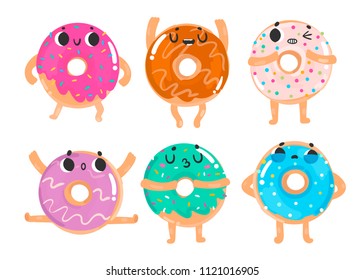 Hand drawn donuts with various emotions. Colored vector set. All elements are isolated