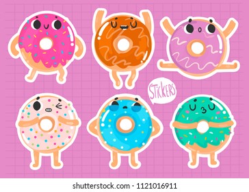 Hand drawn donuts with various emotions. Colored vector sticker set. All elements are isolated