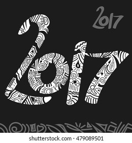 Hand drawn doodle 2017 vector illustration on black background. New year eve card. New year 2017 background.