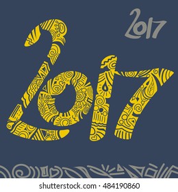 Hand drawn doodle 2017 vector illustration on blue background. New year eve card.