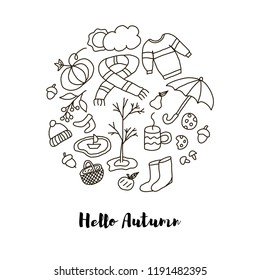 Hand drawn doodle about autumn with pumpkin, hat, sweater, scarf, umbrella, boots, coffee, basket, mushrooms, pear, apple cookies, acorns, rowan, tree, boat and lettering. Vector illustration. 
