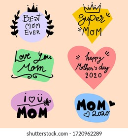 Hand drawn doodle about happy mother’s day 2020 celebration with colorful stamp shape, vector art set for decorating and sticker, holiday concept