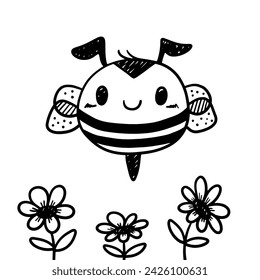 Dibujado a mano garabato abstracto de una abeja. Icono de abeja linda con flores en ilustración vectorial