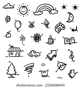hand drawn Doodle abstract of Black Thin Line Set Include of objects and nature in Vector illustration