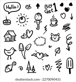 hand drawn Doodle abstract of Black Thin Line Set Include of objects and nature in Vector illustration