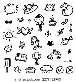 hand drawn Doodle abstract of Black Thin Line Set Include of objects and nature in Vector illustration