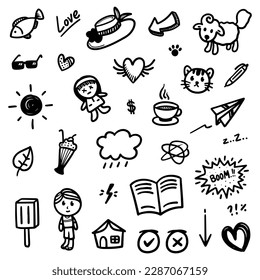 hand drawn Doodle abstract of Black Thin Line Set Include of objects and nature in Vector illustration