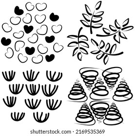 Hand drawn doodle abstract pattern in black and white style, texture background. Set of figures shape of leaf or brush, heart, leaf, modern textile fabric. Wallpaper design, print with curved lines