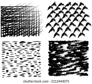 Hand drawn doodle abstract pattern in black and white style, texture background. Set of figures shape of leaf or grass, waves, modern textile fabric. Wallpaper design, print with curved lines