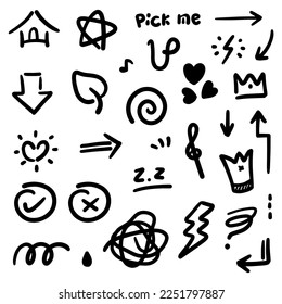 hand drawn Doodle abstract of Swash Black Thin Line Set Include of Heart, Stroke, Circle and Arrow Sign in Vector illustration