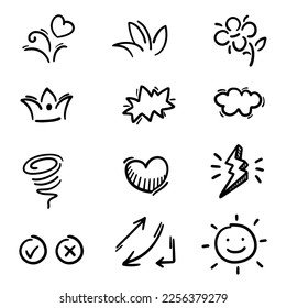 hand drawn Doodle abstract of Swash Black Thin Line Set Include of Heart, Stroke, Circle and Arrow Sign in Vector illustration