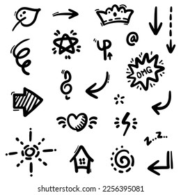 hand drawn Doodle abstract of Swash Black Thin Line Set Include of Heart, Stroke, Circle and Arrow Sign in Vector illustration