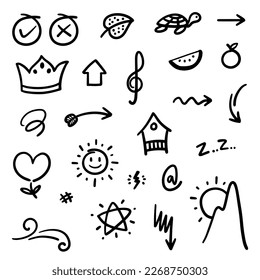 hand drawn Doodle abstract of Swash Black Thin Line Set Include of Heart, Stroke, Circle and Arrow Sign in Vector illustration