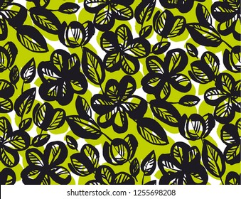 Hand drawn doodle abstract tropical floral seamless pattern. Green and black flowers repeatable motif for fabric, wrapping paper, background. Abstract decorative sketch of blossom flowers.