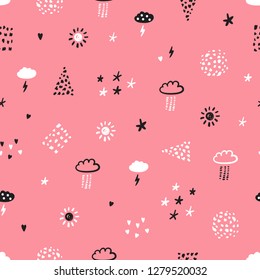 Hand Drawn Doodle Abstract Vector Seamless Pattern for kids. Rain Clouds with Lightning, Sun and Stars. Space Sky Background