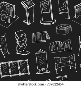 Hand drawn doodle advertising exhibition banner stands seamless pattern Vector illustration. Symbol collection.