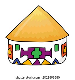 Hand drawn doodle african national hut. Ndebele tribal dwelling. Simple thatched roof and walls with ethnic patterns. Bright colored. Vector illustration