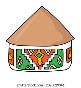 Hand drawn doodle african national hut. Ndebele tribal dwelling. Simple thatched roof and walls with ethnic patterns. Bright colored. Vector illustration