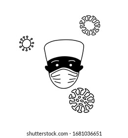 Hand drawn doodle afro man doctors  face with flu mask icon symbol, Concept wearing medical mask to prevent the spread of virus germs. Isolated on white background, Outline design vector illustration