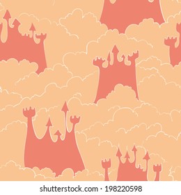 hand drawn doodle air castle in clouds seamless pattern