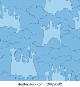 hand drawn doodle air castle in clouds seamless pattern