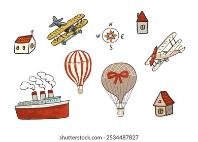 Hand drawn doodle air transport balloons, plane, houses, boat set. Vector illustration.