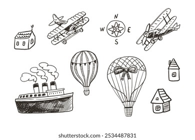 Hand drawn doodle air transport balloons, plane, houses, boat set. Vector line illustration.