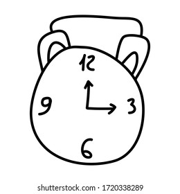 Icono de reloj despertador de doodle dibujado a mano. Un solo elemento aislado en fondo blanco. Ilustración de material vectorial.