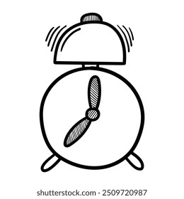 Relógio de alarme desenhado à mão doodle isolado no fundo branco. Ilustração vetorial.