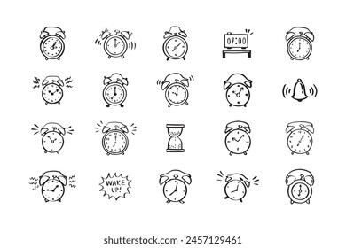 Hand drawn doodle alarm. different alarm. Vector illustration