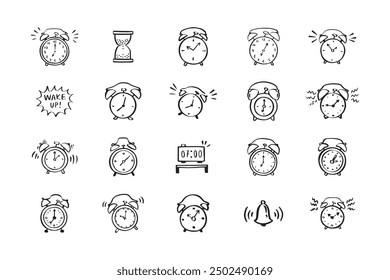 Alarma de doodle dibujada a mano. alarma diferente. Ilustración vectorial