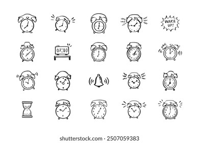 Alarma de doodle dibujada a mano. alarma diferente. Ilustración vectorial