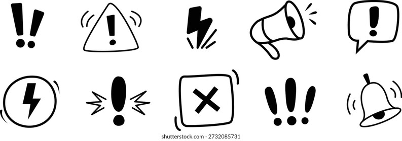 Dibujado a mano doodle alerta y atención conjunto de iconos, señales de advertencia, símbolos de precaución, y marcas de error de Ilustración vectorial.