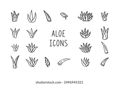 Conjunto de iconos de contorno de aloe vera dibujado a mano. Ilustración vectorial