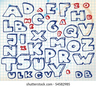 Hand drawn doodle alphabet on squared paper