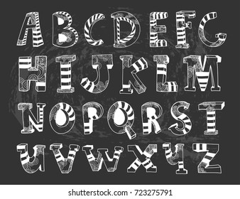 Hand drawn doodle alphabet. Vector Font. Chalkboard style. Every letter is isolated