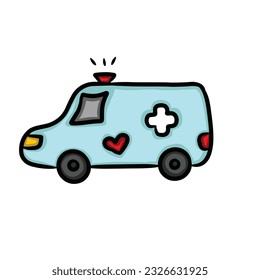 ambulancia de doodle dibujada a mano aislada en fondo blanco