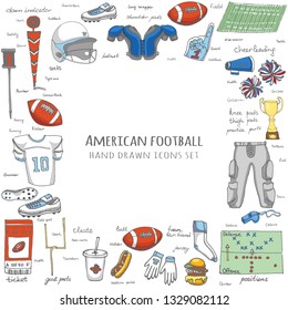 Hand drawn doodle american football set Vector illustration Sketchy sport related icons elements, ball helmet jersey pants knee thigh shoulder pads cleats field cheerleading down indicator