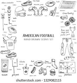 Hand drawn doodle american football set Vector illustration Sketchy sport related icons elements, ball helmet jersey pants knee thigh shoulder pads cleats field cheerleading down indicator