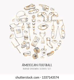 Hand drawn doodle american football set Vector illustration Sketchy sport related icons football elements, ball, helmet, pants, knee, thigh, shoulder pads, cleats, field, cheerleading, cup