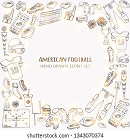 Hand drawn doodle american football set Vector illustration Sketchy sport related icons football elements, ball, helmet, pants, knee, thigh, shoulder pads, cleats, field, cheerleading, cup