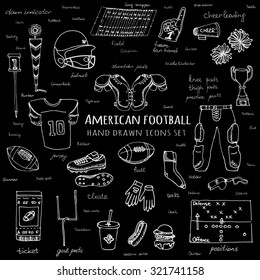 Hand Drawn Doodle American Football Set Vector Illustration Sketchy Sport Related Icons Football Elements, Ball Helmet Jersey Pants Knee Thigh Shoulder Pads Cleats Field Cheer Leading Down Indicator 