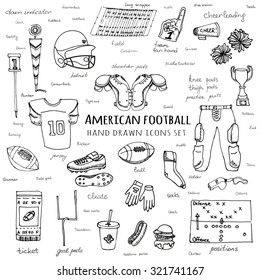 Hand drawn doodle American football set Vector illustration Sketchy sport related icons football elements, ball helmet jersey pants knee thigh shoulder pads cleats field cheer leading down indicator