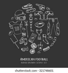 Hand Drawn Doodle American Football Set Vector Illustration Sketchy Sport Related Icons Football Elements, Ball Helmet Jersey Pants Knee Thigh Shoulder Pads Cleats Field Cheer Leading Down Indicator