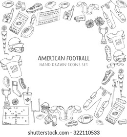 Hand Drawn Doodle American Football Set Vector Illustration Sketchy Sport Related Icons Football Elements, Ball Helmet Jersey Pants Knee Thigh Shoulder Pads Cleats Field Cheer Leading Down Indicator