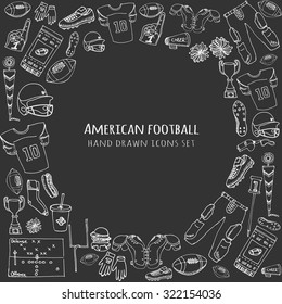 Hand Drawn Doodle American Football Set Vector Illustration Sketchy Sport Related Icons Football Elements, Ball Helmet Jersey Pants Knee Thigh Shoulder Pads Cleats Field Cheer Leading Down Indicator