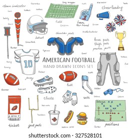 Hand drawn doodle american football set Vector illustration Sketchy sport related icons football elements, ball helmet jersey pants knee thigh shoulder pads cleats field cheerleading down indicator